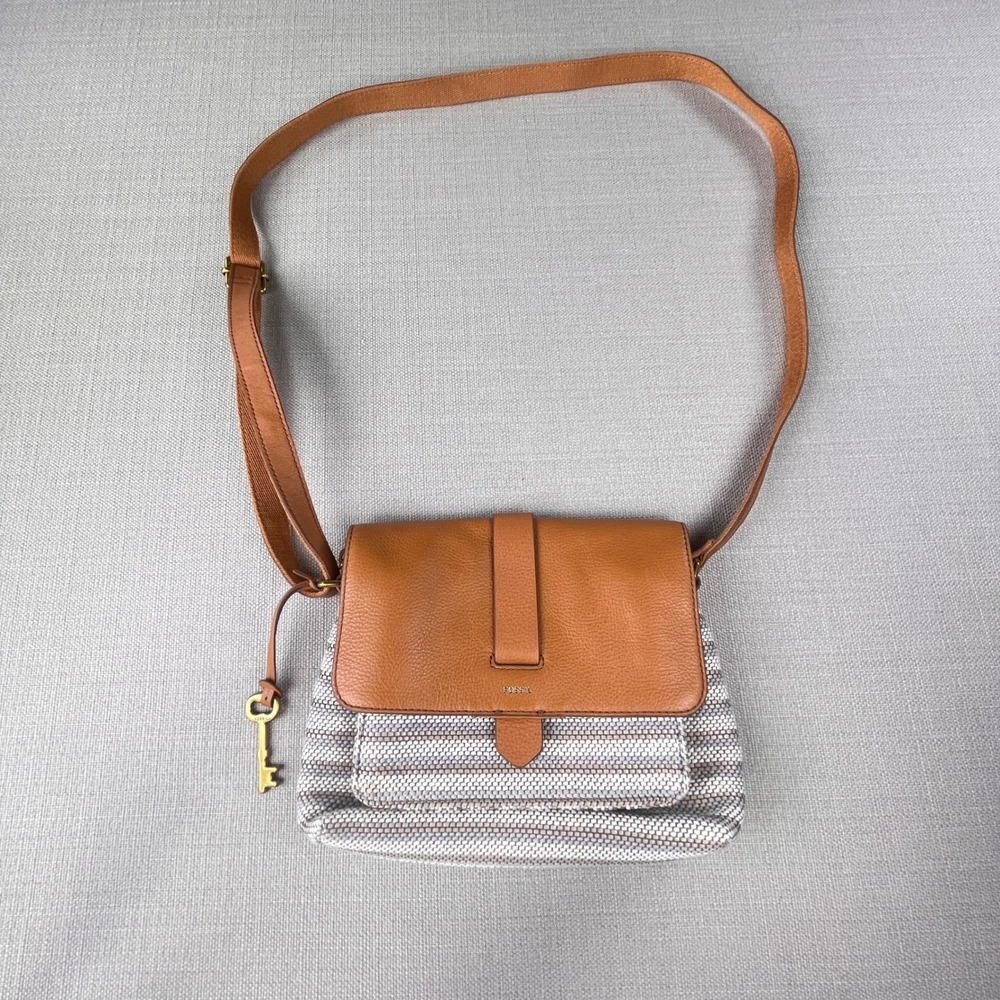 Fossil Kinley Crossbody Bag Womens Small Brown Striped Leather Textile ZB7701